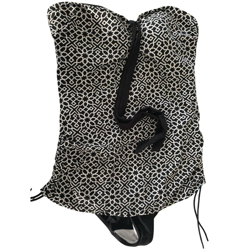 Next Swimdress UK 16 Black White Geometric Ruched Halter One Piece Swimsuit